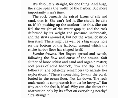 An excerpt of text about someone feeling a gap in the rock, from The Fifth Season by N.K.Jemisin